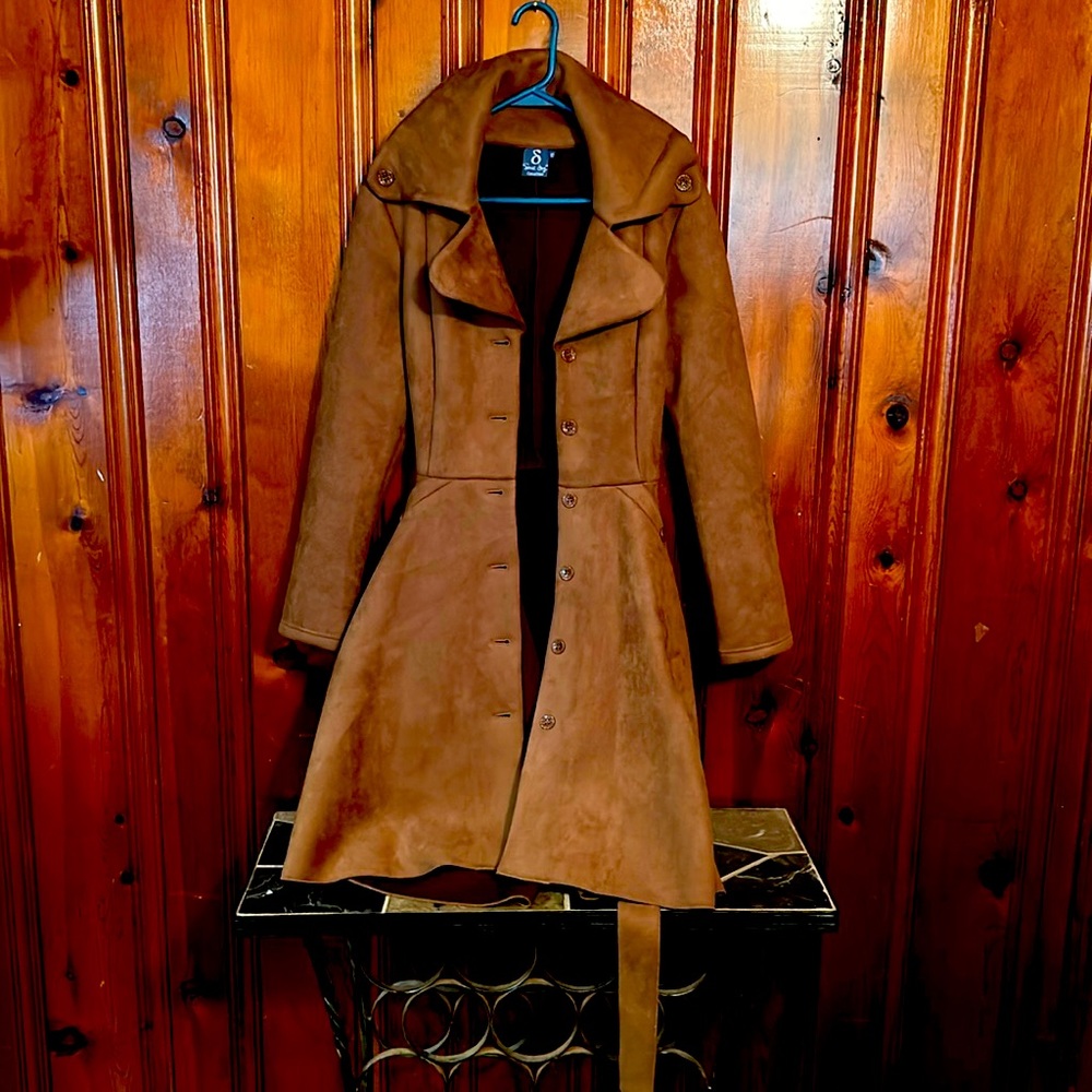 Long brown faux, suede jacket